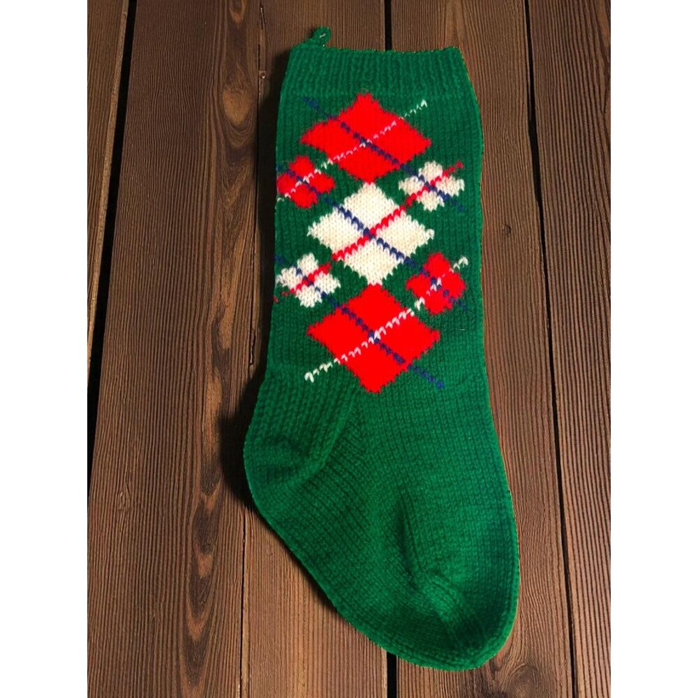 Vintage Argyle Knit Christmas Stocking Green 22x7